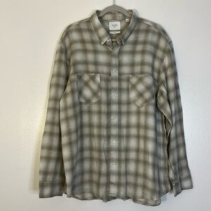 Billy Reid | Standard fit plaid tan/gray long sleeve shirt Men’s size XXL Linen